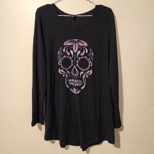 Black Long Sleeve Top with Floral Sugar Skull Design
